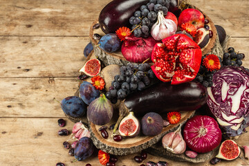 Blue, red and purple food. Culinary background of fruits and vegetables