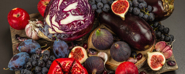Blue, red and purple food. Culinary background of fruits and vegetables