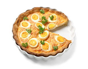 Tasty Easter tart with eggs on white background