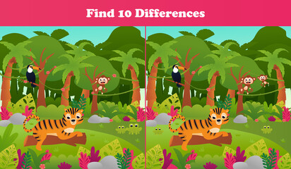 Find ten differences printable worksheet with tropical jungle paradise scene, tiger on tree trunk and toucan, monkey