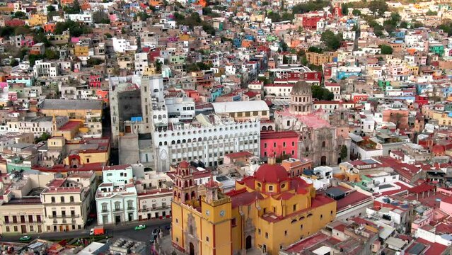 Aerial view of Guanajuato City including historic landmark Basilica of Our Lady of Guanajuato by day in Guanajuato, Mexico.