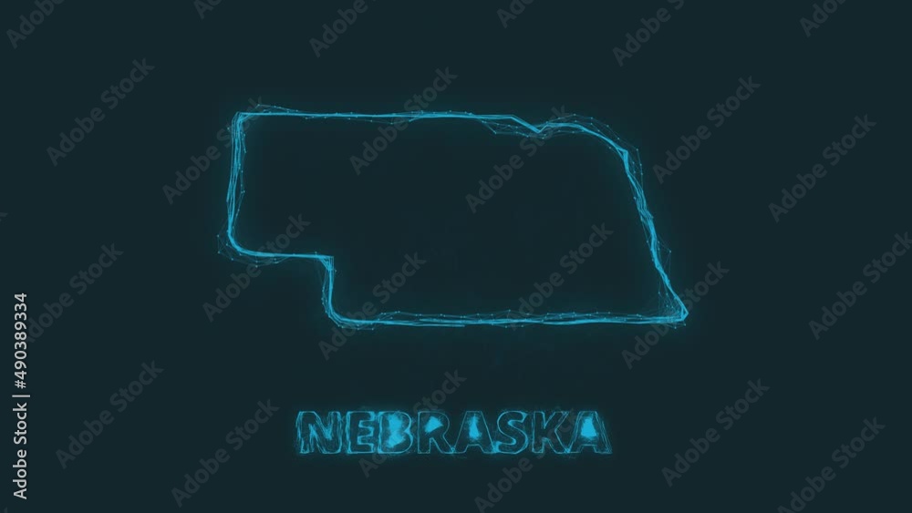 Poster Plexus flat map showing the state of Nebraska from the United State of America on black background. USA. Plexus map of Nebraska