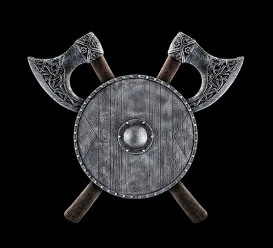 Round shield and two crossed axes isolated on black background