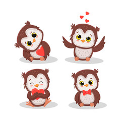 Set of cute cartoon owls character with different poses and emotions.Owlet with heart
