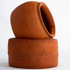 Square close-up photo of clay pots. Two pots of clay close-up.