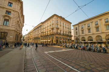 Cityscape with a Train Tracks in a Sunny Day in Milan, Lombardy in Italy.