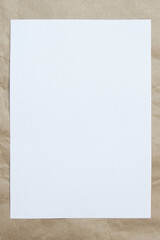 White empty sheet of A4 format on a beige craft paper, vertically oriented. Concept of analysis, study, attentive work. Stock photo with empty place for your text and design.
