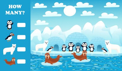 Printable educational worksheet for kids with how many puzzle, arctic animals wildlife with polar bears, penguins © Iryna Lozovytska