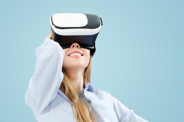 Woman with metaversum virtual reality glasses