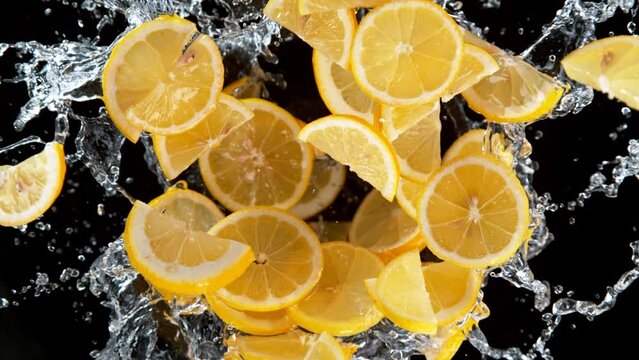 Super slow motion shot of rotating exploded lemon slices with splashing water on black at 1000fps.