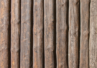 Log wall of wooden blockhouse house close-up.