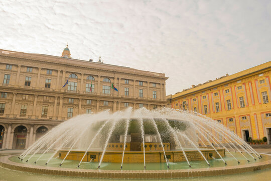 Piazza de Ferrari with Water Fountain in Genoa, Liguria in Italy.