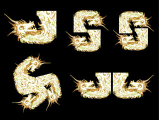 Sketch of dragon symbols in pastel tones on a black background. Golden dragon symbols in the form of letters or jewelry for textiles or prints, wallpaper and fabric, fashion trends, interior solutions