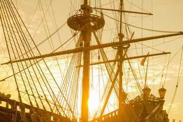 Old Sailing Ship with Sunlight in Genoa, Liguria in Italy.