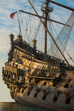 Old Sailing Ship with Sunlight in Genoa, Liguria in Italy.