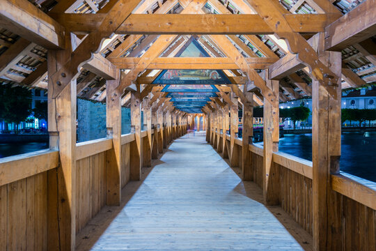 Chapel Bridge in City of Lucerne at Night, Switzerland.