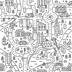 Cute map of a small town with roads, cars, houses and a river. Seamless pattern.
