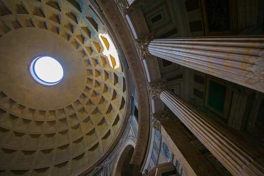 Pantheon with Ceiling with Sunlight in Rome, Italy.