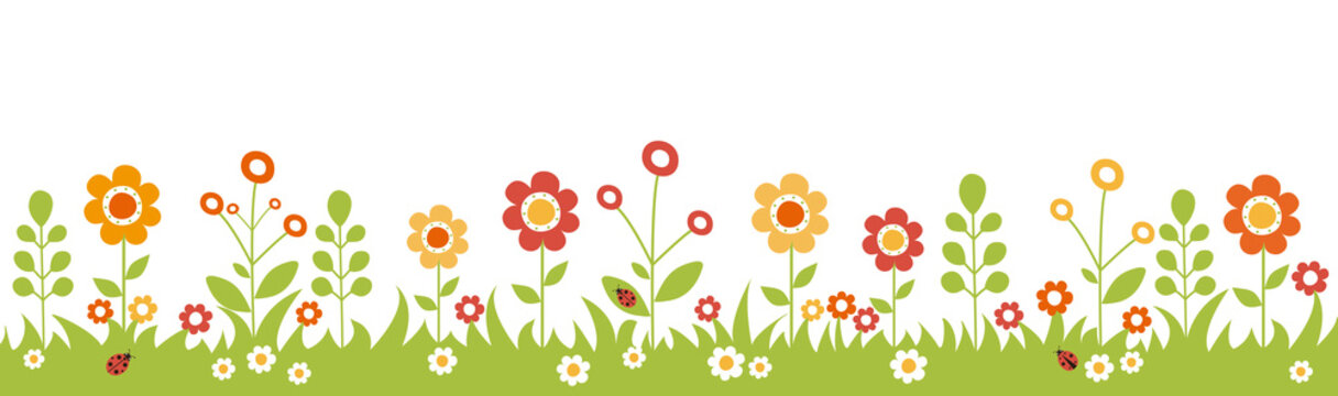 Panoramic flower garden. Colorful background with cute flower, plants and grass. Vector illustration.
