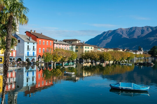 Flooding Cityscape in a Sunny Day with Mountain in Ascona, Switzerland.