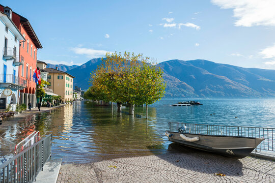 Flooding Cityscape in a Sunny Day with Mountain in Ascona, Switzerland.