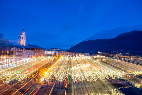 Illuminated City of Ascona with Light Effect in Dusk in ticino, Switzerland.