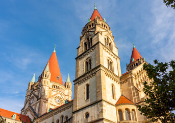 Fototapeta na wymiar Towers of St. Francis of Assisi church in Vienna, Austria