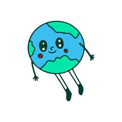 Earth planet mascot flying, illustration for t-shirt, sticker, or apparel merchandise. With doodle, retro, and cartoon style.