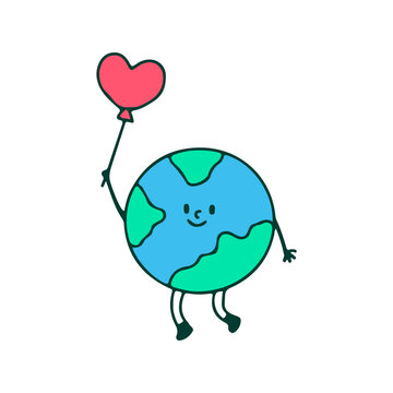 Earth planet mascot holding heart balloon, illustration for t-shirt, sticker, or apparel merchandise. With doodle, retro, and cartoon style.