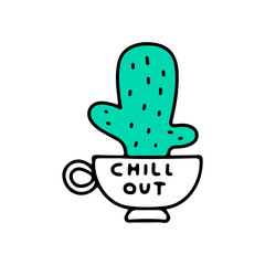 Cactus and coffee cup, illustration for t-shirt, sticker, or apparel merchandise. With doodle, retro, and cartoon style.