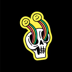 Skull head with smile emoji and rainbow, illustration for t-shirt, sticker, or apparel merchandise. With doodle, retro, and cartoon style.