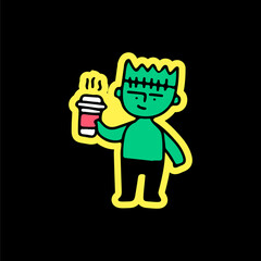Frankenstein holding cup of coffee, illustration for t-shirt, sticker, or apparel merchandise. With doodle, retro, and cartoon style.