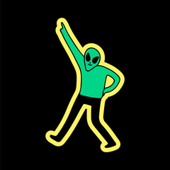 Dancing alien, illustration for t-shirt, sticker, or apparel merchandise. With doodle, retro, and cartoon style.