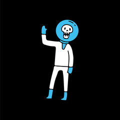 Fototapeta premium Skull astronaut with hello gesture, illustration for t-shirt, sticker, or apparel merchandise. With doodle, retro, and cartoon style.