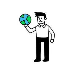 Young man with earth planet, illustration with doodle, retro, and cartoon style.