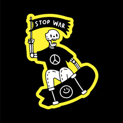 Cool skeleton freestyle with skateboard and holding flag with stop war typography, illustration for t-shirt, sticker, or apparel merchandise. With doodle, retro, and cartoon style.