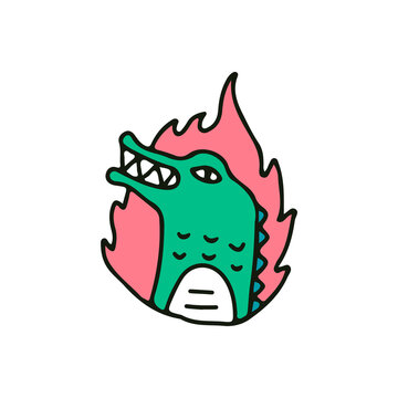Crocodile on fire, illustration for t-shirt, sticker, or apparel merchandise. With doodle, retro, and cartoon style.