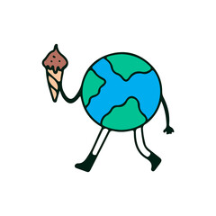 Earth planet character holding ice cream, illustration for t-shirt, sticker, or apparel merchandise. With retro cartoon style.