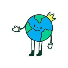 Cute earth planet wearing crown, illustration for t-shirt, sticker, or apparel merchandise. With retro cartoon style.