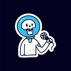 Skull astronaut holding mic and singing, illustration for t-shirt, sticker, or apparel merchandise. With doodle, retro, and cartoon style.