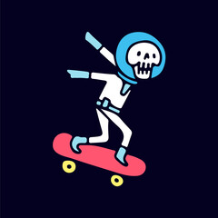 Skull astronaut freestyle with skateboard on space, illustration for t-shirt, sticker, or apparel merchandise. With doodle, retro, and cartoon style.