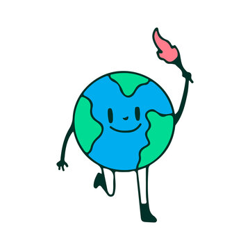 Earth planet mascot holding torch, illustration for t-shirt, sticker, or apparel merchandise. With retro cartoon style.