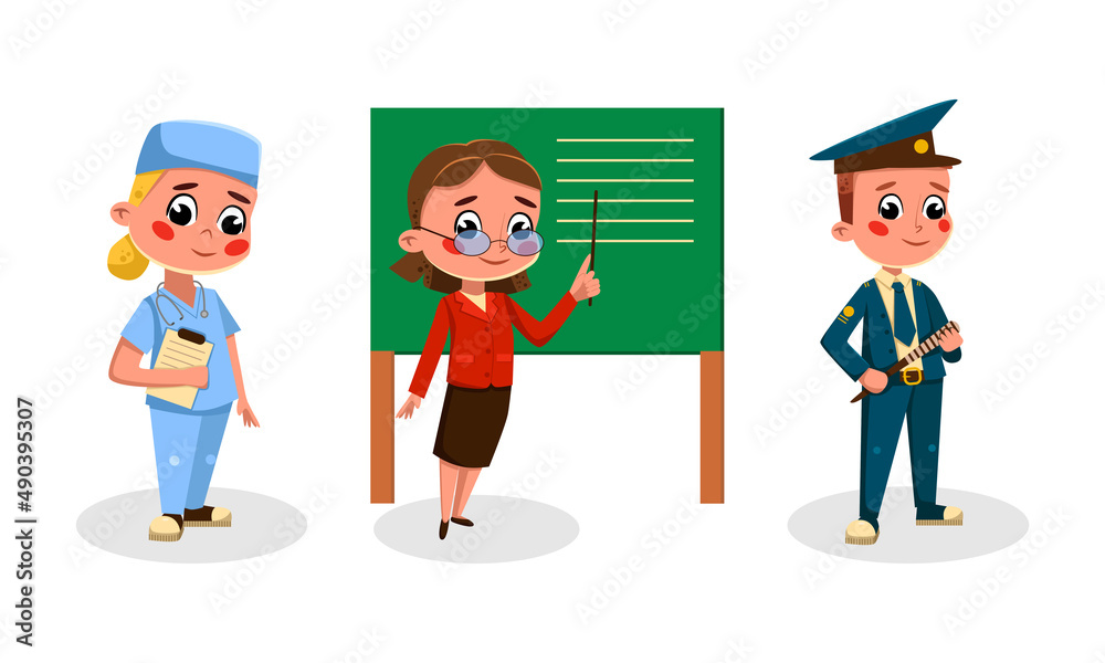 Sticker Funny kids of various professions set. Captain, doctor, teacher cartoon vector illustration