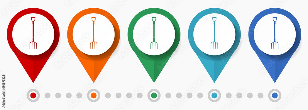 Poster fork, gardening concept vector icon set, flat design farm tool pointers, infographic template easy t