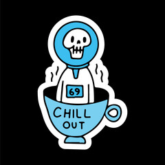 Skull astronaut chill out on cup of coffee, illustration for t-shirt, sticker, or apparel merchandise. With doodle, retro, and cartoon style.