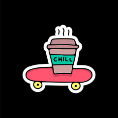 Coffee cup and skateboard illustration for t-shirt, sticker, or apparel merchandise. With doodle, retro, and cartoon style.