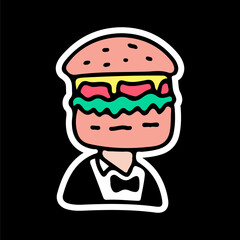 Man with burger head wearing tuxedo, illustration for t-shirt, sticker, or apparel merchandise. With doodle, retro, and cartoon style.