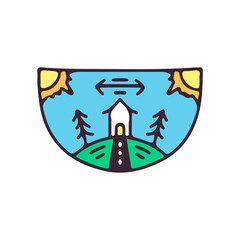 Two sun, camp, tree, and mountain, illustration for t-shirt, sticker, or apparel merchandise. With doodle, retro, and cartoon style.