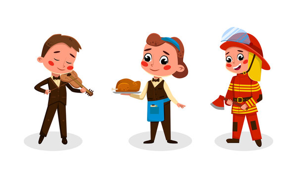 Funny kids of various professions set. Chef, musician, firefighter cartoon vector illustration