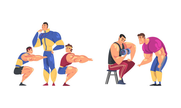 Athletes training with coach set. Muscular men doing squats and exercising with kettlebell cartoon vector illustration